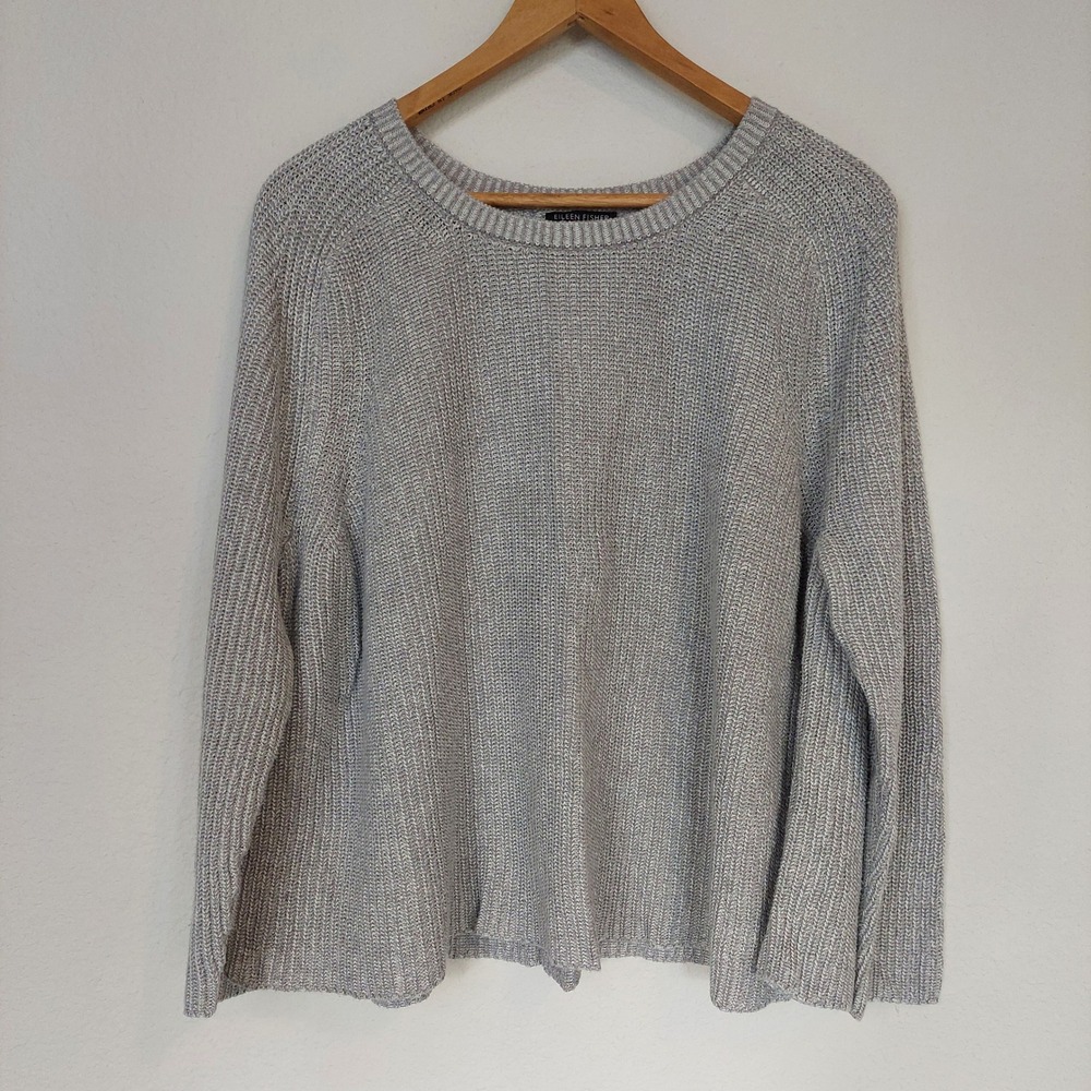 Eileen Fisher Organic Cotton Tencel Knit Sweater Grey Raglan Sleeve Size Large